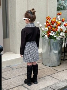 2pcs Young Girls Houndstooth Skirt & Stand Collar Knit T-Shirt Set, Fashion Outfit For Winter - Black - View 2