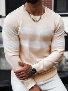 Manfinity Homme 男士条纹圆领长袖休闲套头衫 - 杏色 - 查看 1