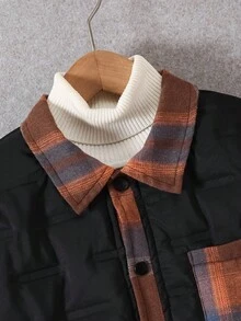 1pc Boys' Loose Fit Padded Plaid Patchwork Casual College Style Padded Coat, Autumn/Winter Fall - Black - View 5