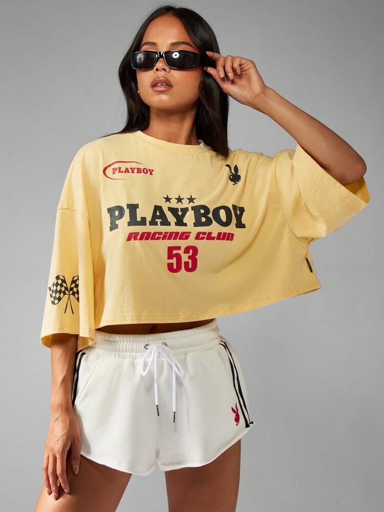 Missguided x Playboy Oversized Racing Club Crop Top Cotton Blend Motor Cross T-Shirt Classic Number 53 Custom Design Checkered Flag Racing Collection Loungewear Summer Festival