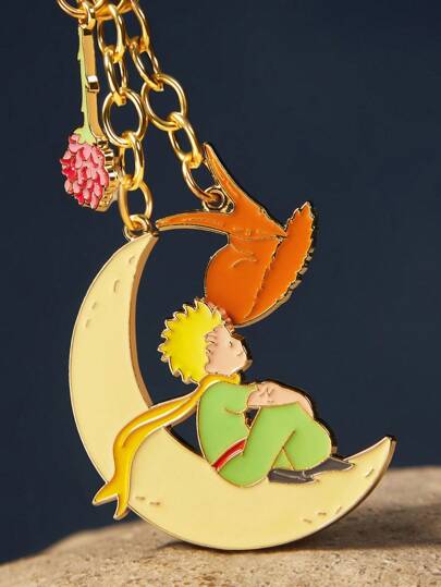 LE PETIT PRINCE X SHEIN Fashionable & Cute Zinc Alloy Keychain, Bag Charm, Pendant, Collectible Gift, Moon & Star, Gold Color