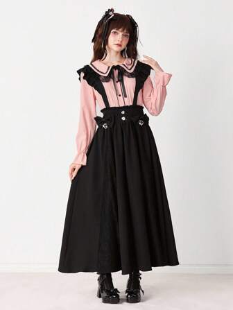 Kawaii Women's Fashion Ruffle Hem Bow & Heart Decor A-Line Skirt