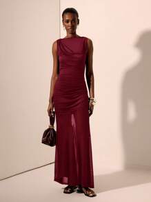 Zivah 2025 春夏新款音乐节、复活节、圣帕特里克节、西部风、游牧风、生日派对、毕业典礼、学院风、学生装、日常休闲、百搭百搭、休闲、邮轮旅行、海滩、日光浴、病毒式、街头服饰、婚礼宾客服装、通勤风格无袖圆领褶饰网眼双层侧褶拼接超长黑色连衣裙 - 酒紅色 - 查看 1