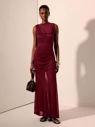 Zivah 2025 Spring/Summer New Music Festival, Easter, St. Patrick's Day, Western, Nomadic, Birthday Party, Graduation, College Style, Student Wear, Daily Casual, All-Match Versatile, Leisure, Cruise Travel, Beach, Sunbathing, Viral , Streetwear, Wedding Guest Attire, Commuter Style Sleeveless Round Neck Ruched Mesh Double Layer Side Pleated Patchwork Maxi Black Dress