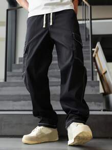 Manfinity Hypemode Men's Flip Pocket Drawstring Waist Straight Leg Cargo Pants Baggy Long Slacks Plain Black Going Out, Back To School