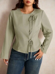 Elaquor 大码女式纯色长袖前系带休闲夹克 - 軍綠色 - 查看 4