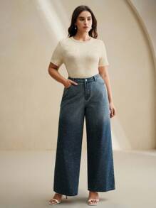 Anewsta 大码女式沙色水洗铆钉修身圆领短袖T恤 - 杏色 - 查看 6