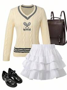 SHEIN 女童针织毛衣，简约时尚学院风，经典麻花图案，精致刺绣细节，V领，适合秋冬 - 米色 - 查看 3