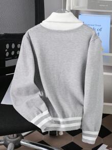 SHEIN Tween Boy Casual Zip-Up Cardigan Sweater, Simple Stylish Contrast Collar, Back To School - Grey - View 2