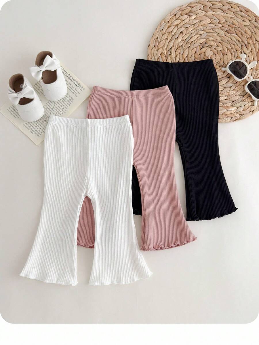 Baby Girl 3pcs Lettuce Trim Flare Leg Pants Chic Outfits For Autumn/Winter - Multicolor - View 1