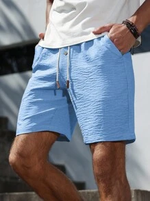 Manfinity RSRT Men's Summer Drawstring Button Pocket Casual Shorts Men Light Blue Shorts Light Blue Shorts Men Casual Shorts Men Drawstring Shorts Men Summer Shorts
