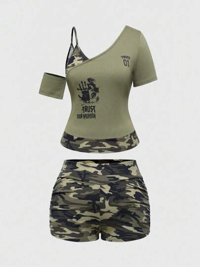 Grunge Punk ملابس نسائية بطبعات عين وحرف على طراز الكاموفلاج المتناسق بطريقة غير متماثلة على الكتف، بطراز Y2K الجرانج الرجعي