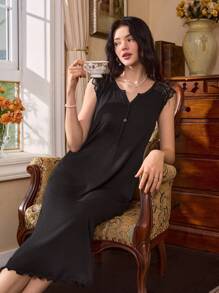 Côtesoire 法式 V 领蕾丝花边仿领装饰纽扣女式休闲睡袍 - 黑色 - 查看 1