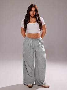 Rustia 大码女式休闲宽松阔腿运动裤，百搭美式街头风 - 灰色 - 查看 6