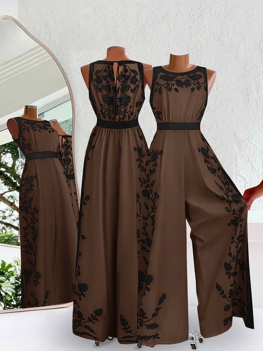 SHEIN Clasi Plus Size Round Neck Sleeveless Contrast Color Vintage Waist Cinched Loose Jumpsuit, Summer Wide Leg Jumpsuit - Mocha Brown - View 1