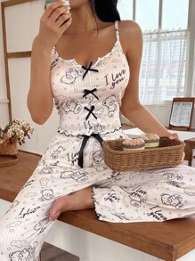 SHEIN Cute Apricot Jacquard Pajama Set With Spaghetti Straps And Lettuce Trim Details Cute Sleepwear Lounge Wear Sets Summer Sleep Dress