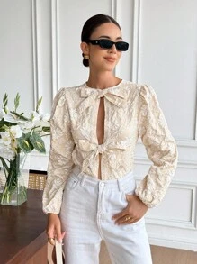 Serisse 女士纯色印花蝴蝶结优雅长袖衬衫，秋季女士，返校，乡村音乐会，商务休闲女士，女士教师，约会之夜女士，生日，女士早午餐，西方女装，商务休闲女士 - 杏色 - 查看 7