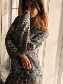 MOTF PREMIUM 优雅派对亮片菱形镂空船领毛衣，秋冬 - 灰色 - 查看 8