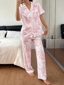 女士印花翻领短袖睡衣套装 - 淺粉色 - 查看 3