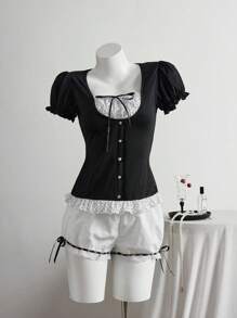 Elamini Black Vintage 2 In 1 Short Sleeve T-Shirt, Fashionable Spring/Summer