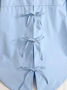 青少年女孩时尚休闲百搭度假和日常穿着浅蓝色后开衩蝴蝶结长袖衬衫，返校季，学院风，户外，学生装 - 淺藍色 - 查看 6