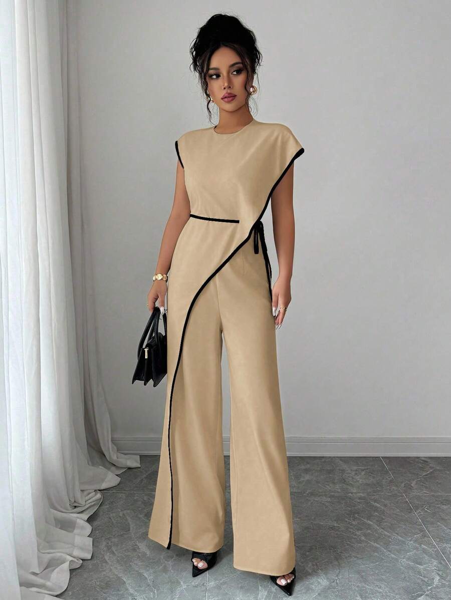 Elenzga 女士优雅通勤撞色修身连体裤 - 卡其色 - 查看 1