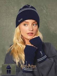 GLOWMODE X Harry Potter Hogwarts House Soft Wool Logo Embroidery Beanie & Fingerless Gloves Set Daily Casual Wear