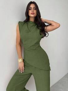 Firerie 卡其色简约优雅休闲通勤办公室服装：无袖不对称褶皱腰女式衬衫 + 常规褶皱阔腿女式裤子、亚麻通勤套装、女士沙滩装、机场装、度假装、教师装 - 軍綠色 - 查看 7