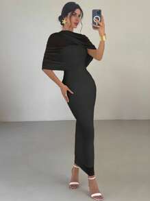 Firerie 优雅浪漫的黄色纯色荷叶边领口不对称褶皱腰身修身连衣裙，女士沙滩装，女士机场装，度假装，女士教师装，黑色连衣裙，优雅大方 - 黑色 - 查看 6