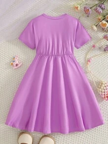 Elladie kids Đầm thời trang thường ngày cổ tròn họa tiết kỳ lân hoạt hình dễ thương cho bé gái, ôm sát eo, thích hợp cho tiệc tùng ngày lễ, kỳ nghỉ, mùa hè - Màu tím - Xem 2