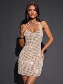 SHEIN BAE 秋季纯卡其色水钻水晶闪亮颈链紧身性感优雅迷你连衣裙，适合女士，适合派对、夜总会、鸡尾酒会、宴会、夜间外出、舞会 - 杏色 - 查看 7