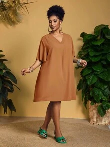 Slaydiva 新款优雅休闲/商务休闲女式短袖雪纺V领宽松荷叶袖连衣裙，秋季女装 - 棕色 - 查看 4