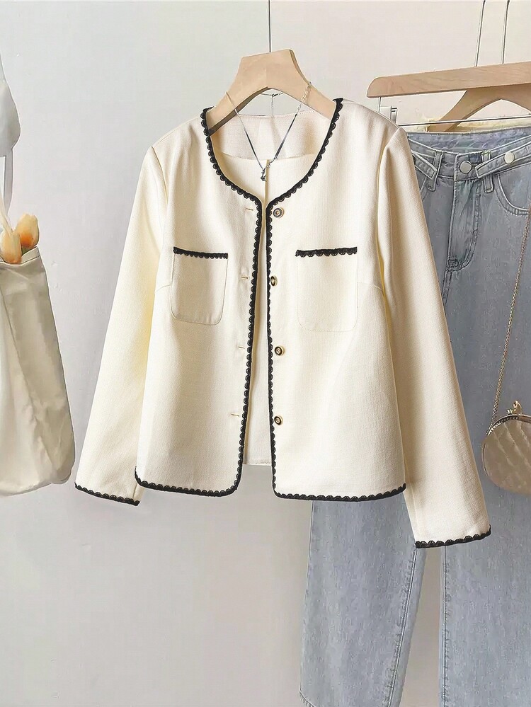 EMERY ROSE Plus Size Women's Contrast Color Long Sleeve Single-Breasted Pocket Casual Jacket Fall Winter Cloth For Women Autumn - Apricot - View 1