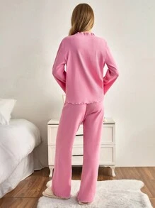 SHEIN Cottnline Plus Women 2 Pcs Button Front With Contrast Colour Stitch Detail Homewear Tredny Lounge Set Plus Size Pajama Set Ruffle Pajama Set Plus Size Sleepwear Set Curve Pajama Set Plus Size Ruffle Pajamas - Pink - View 2