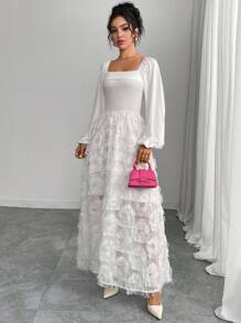 Rafferiza 女式秋季泡泡袖针织拼布提花修身A字连衣裙 - 白色 - 查看 7
