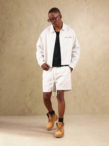 SUMWON Pinstripe Shirt Jacket And Shorts Set Summer Essential Lightweight Streetwear Two Piece Resort Vacation Spring Urban Fashion Leisure Festival Beach - Black and White - View 5
