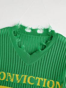 Manfinity Roughcore Plus Size Men's Letter & Number Graphic Fringed Trim Knitted Vest - Green - View 4
