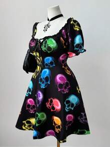 Sunspun Plus Size Women Rave Halloween Skull Graphic Short Sleeve Mini Dress - Multicolor - View 7
