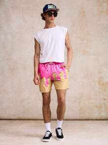 Surfspeed Men's Beach Vacation Drawstring Print Beach Shorts - Hot Pink - View 6