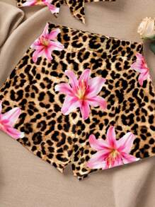 SHEIN EZwear 2 件女士夏季休闲豹纹和花卉印花套装 - 彩色 - 查看 4