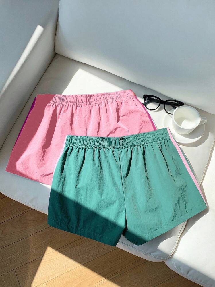 Comfortcana 2pcs Women's Contrast Color Waistband Shorts, Summer - Multicolor - View 2
