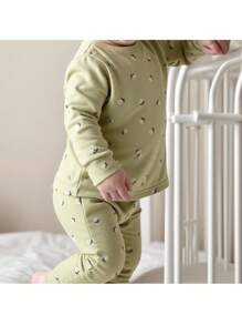 Loomiva Baby Girl  Tight Fit PajamaFloral Print Knit Snug Fit Pajamas - Soft Round Neck Long Sleeve Top And Elastic Waist Tight Pants 2Pcs Set Fall Winter