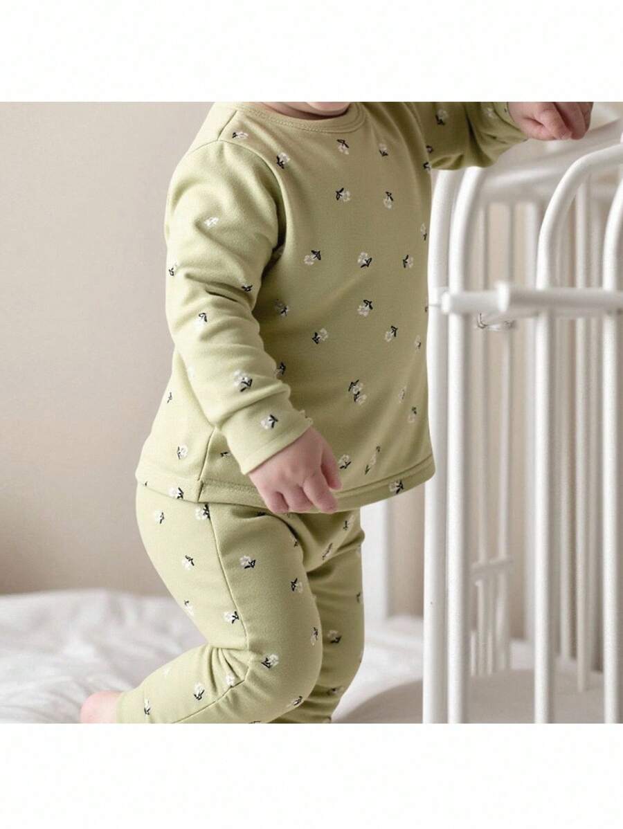 Loomiva Baby Girl  Tight Fit PajamaFloral Print Knit Snug Fit Pajamas - Soft Round Neck Long Sleeve Top And Elastic Waist Tight Pants 2Pcs Set Fall Winter