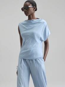 Ontre 2 件套女士不对称短袖宽松上衣和裤子套装，都市通勤，优雅舒适，简约时尚，适合城市聚会、海岛派对、度假、海岛音乐节、教师节、商务休闲 - 藍色 - 查看 2