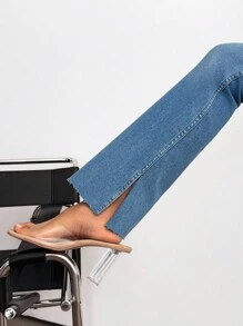 EURMUSE Jeans a vita alta, comodi, a gamba dritta lunga - Blu lavato medio - Visualizzare 2