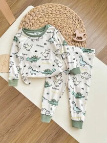 2 件装幼儿男宝宝可爱恐龙印花贴身长袖衬衫和裤子柔软舒适睡衣套装