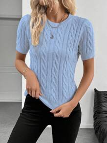 EMERY ROSE 博主风格麻花绳装饰圆领针织毛衣，时尚设计，百搭，秋冬 - 淺藍色 - 查看 4