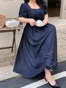 Dazy Plus 深洗蓝色方领短袖长款牛仔连衣裙，夏季 - 深色水洗藍 - 查看 1