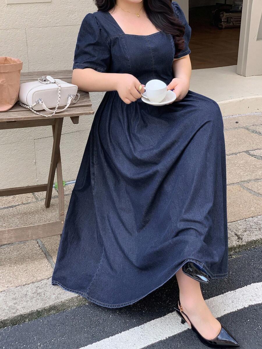 Dazy Plus 深洗蓝色方领短袖长款牛仔连衣裙，夏季 - 深色水洗藍 - 查看 1