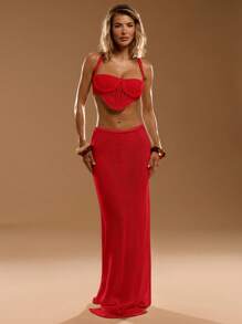 SHEIN BAE 女士休闲波西米亚风系带半身裙 - 紅色 - 查看 6